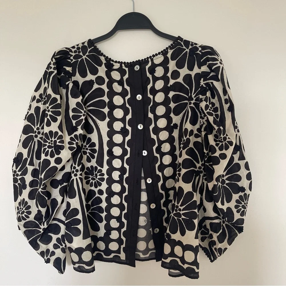 NWT Farm Rio Palermo Anthropology Black & White Floral Puff-Sleeve Women's Top